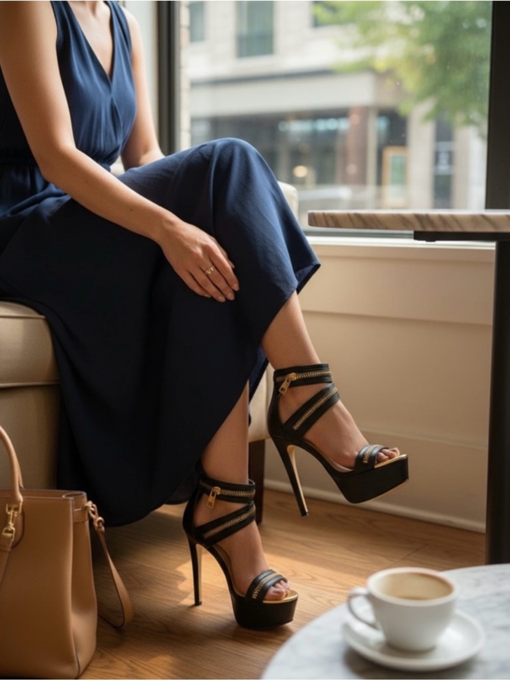 Zigi Soho Black Leather Platform Sandals with Gold Zipper Detail